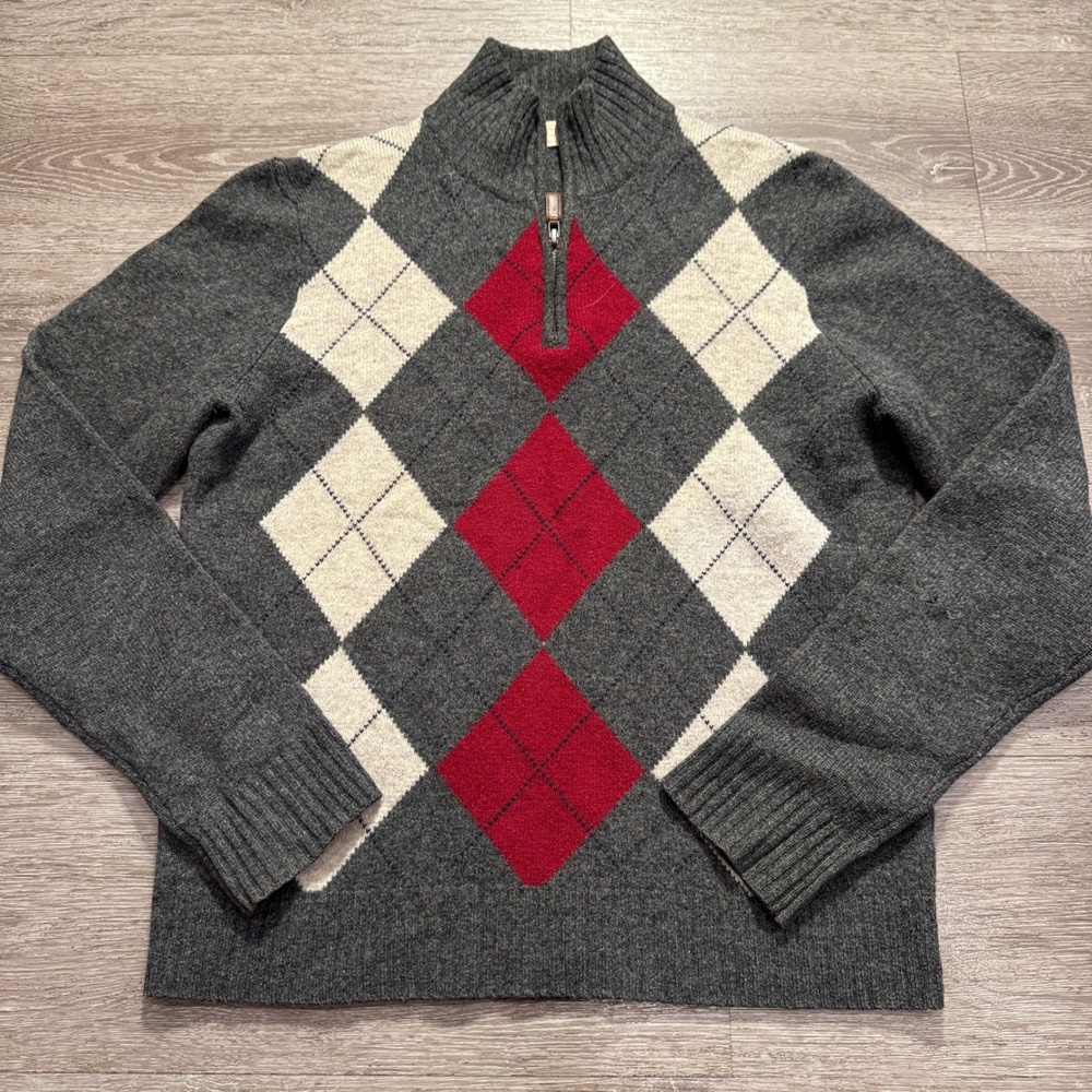 J Crew Sweater Mens S Gray Argyle Lambs Wool Preppy Academic Quarter Zip VTG